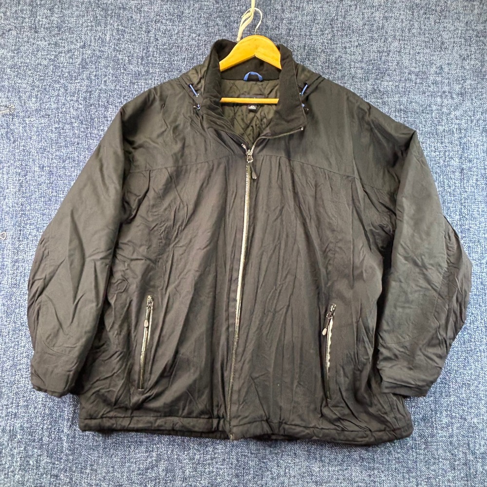 Lands End AquaCheck Jacket Mens XXL Black Nylon Quilted Hooded Full Zip 50-52